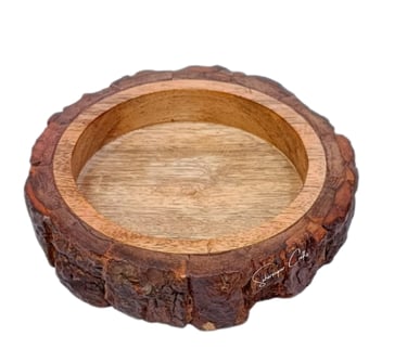 Handcrafted wooden candle dough bowl with natural bark by Saharanpur Craft