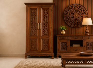 Hand-carved wooden wardrobe and sideboard in a tropical living room with traditional Indian furniture.